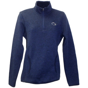 navy women's 1/4 zip with stitched Athletic Logo on left chest